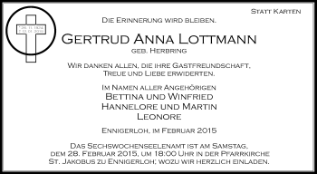 Traueranzeige von Gertrud Anna Lottmann von Die Glocke