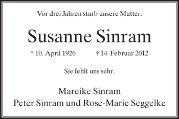 Traueranzeige von Susanne Sinram von Die Glocke