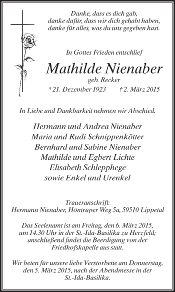 Traueranzeige von Mathilde Nienaber von Die Glocke