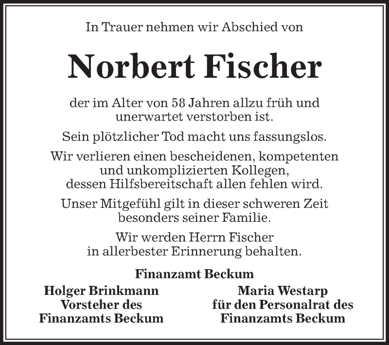  Traueranzeige für Norbert Fischer vom 25.04.2015 aus Die Glocke