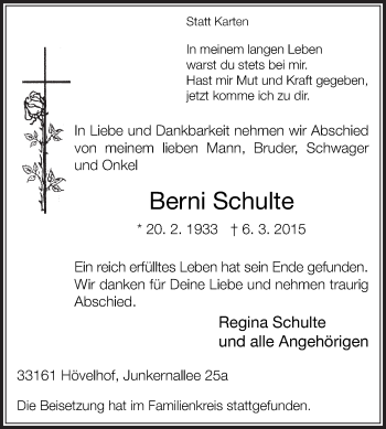 Traueranzeige von Berni Schulte von Die Glocke