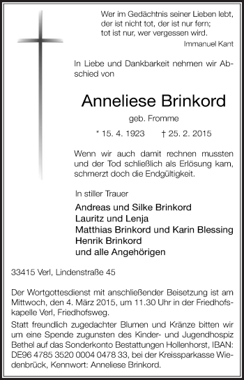 Traueranzeige von Anneliese Brinkord von Die Glocke