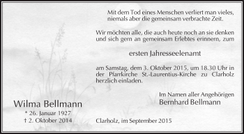 Traueranzeige von Wilma Bellmann von Die Glocke
