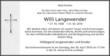 Traueranzeige von Willi Langewender von Die Glocke