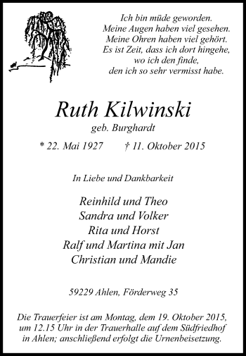 Traueranzeige von Ruth Kilwinski von Glocke Trauer