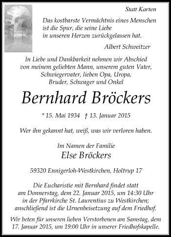 Traueranzeige von Bernhard Bröckers von Die Glocke