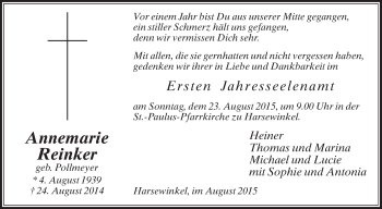 Traueranzeige von Annemarie Reinker von Die Glocke