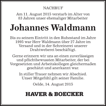 Traueranzeige von Johannes Waldmann von Die Glocke