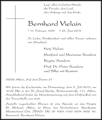 Traueranzeige von Bernhard Vielain von Die Glocke