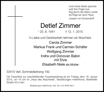 Traueranzeige von Detlef Zimmer von Die Glocke