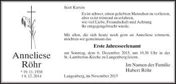 Traueranzeige von Anneliese Röhr von Die Glocke