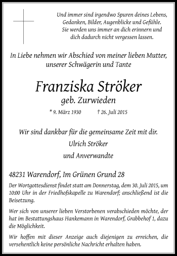 Traueranzeige von Franziska Ströker von Die Glocke