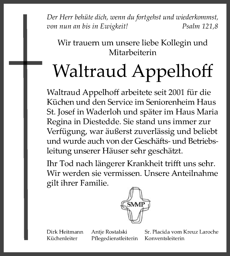  Traueranzeige für Waltraud Appelhoff vom 08.08.2015 aus Die Glocke