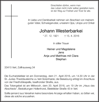 Traueranzeige von Johann Westerbarkei von Glocke Trauer