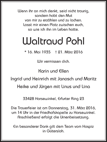 Traueranzeige von Waltraud Pohl von Die Glocke