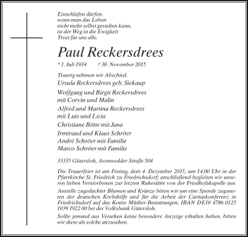 Traueranzeige von Paul Reckersdrees von Die Glocke