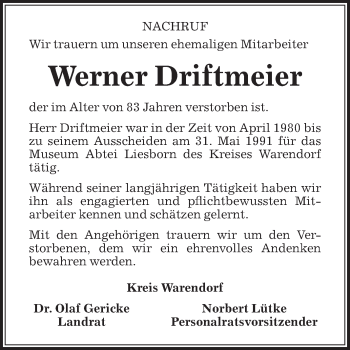 Traueranzeige von Werner Driftmeier von Die Glocke