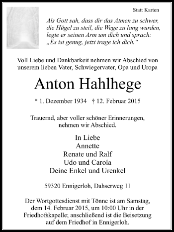 Traueranzeige von Anton Hahlhege von Die Glocke