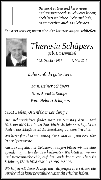 Traueranzeige von Theresia Schäpers von Die Glocke
