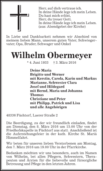 Traueranzeige von Wilhelm Obermeyer von Die Glocke