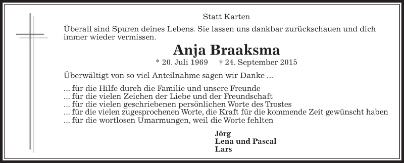  Traueranzeige für Anja Braaksma vom 14.11.2015 aus Die Glocke