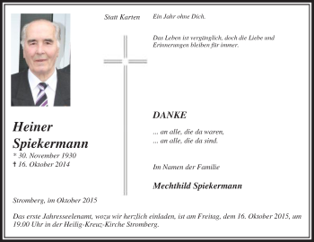 Traueranzeige von Heiner Spiekermann von Die Glocke