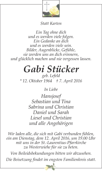 Traueranzeige von Gabi Stücker von Die Glocke