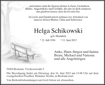 Traueranzeige von Helga Schikowski von Die Glocke