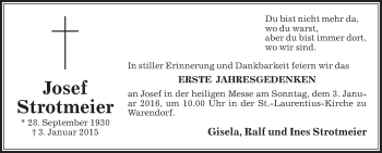 Traueranzeige von Josef Strotmeier von Die Glocke