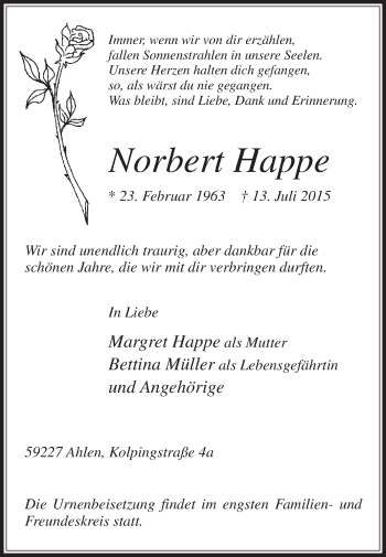 Traueranzeige von Norbert Happe von Die Glocke