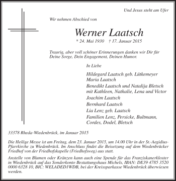 Traueranzeige von Werner Laatsch von Die Glocke