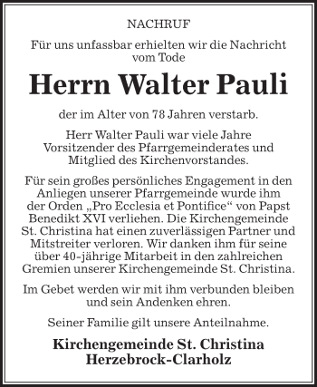 Traueranzeige von Walter Pauli von Die Glocke