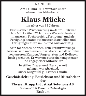 Traueranzeige von Klaus Mücke von Die Glocke