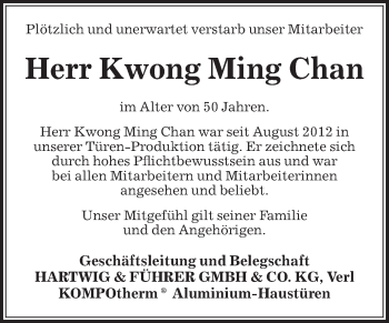 Traueranzeige von Kwong Ming Chan von Die Glocke