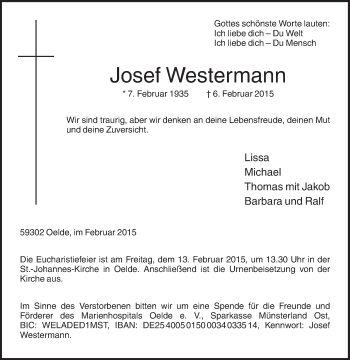 Traueranzeige von Josef Westermann von Die Glocke