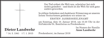 Traueranzeige von Dieter Landwehr von Die Glocke