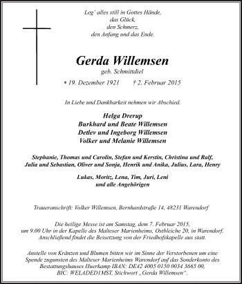 Traueranzeige von Gerda Willemsen von Die Glocke