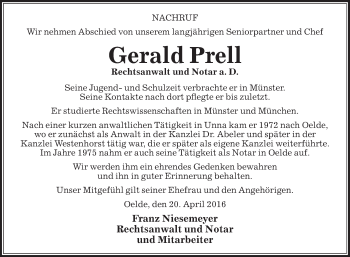 Traueranzeige von Gerald Prell von Die Glocke