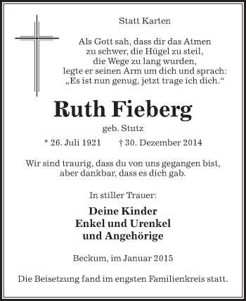 Traueranzeige von Ruth Fieberg von Die Glocke