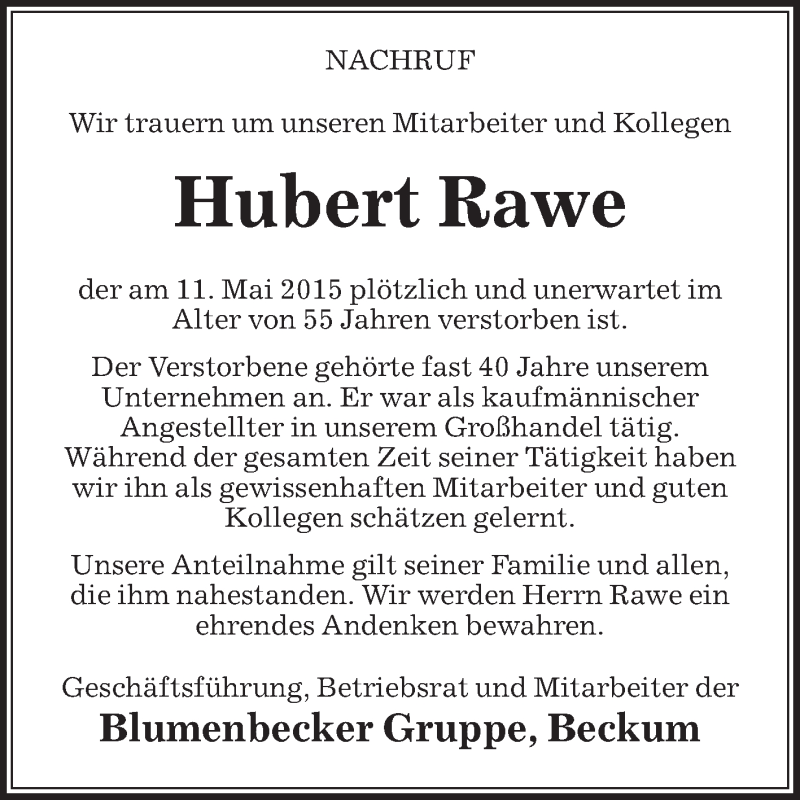  Traueranzeige für Hubert Rawe vom 13.05.2015 aus Die Glocke