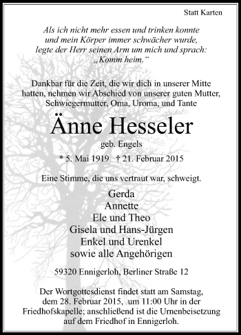 Traueranzeige von Änne Hesseler von Die Glocke