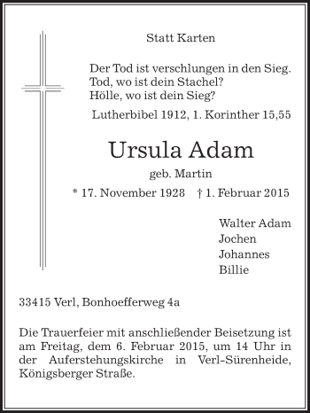 Traueranzeige von Ursula Adam von Die Glocke