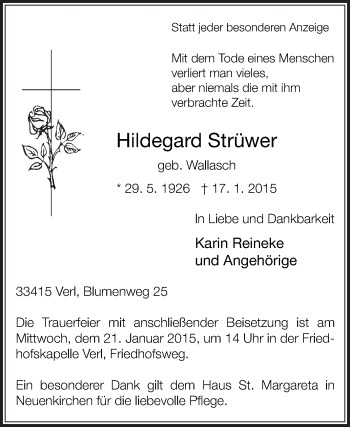Traueranzeige von Hildegard Strüwer von Die Glocke