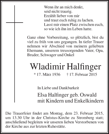 Traueranzeige von Wladimir Halfinger von Die Glocke