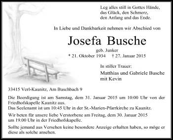 Traueranzeige von Josefa Busche von Die Glocke