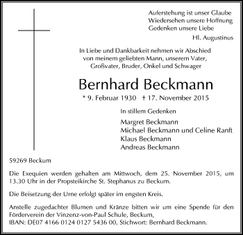 Traueranzeige von Bernhard Beckmann von Die Glocke