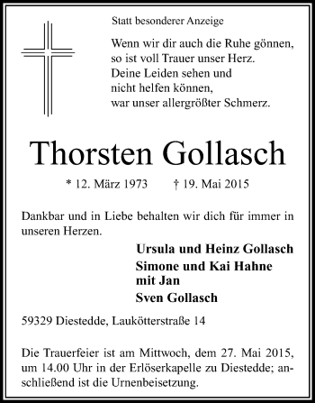 Traueranzeige von Thorsten Gollasch von Die Glocke