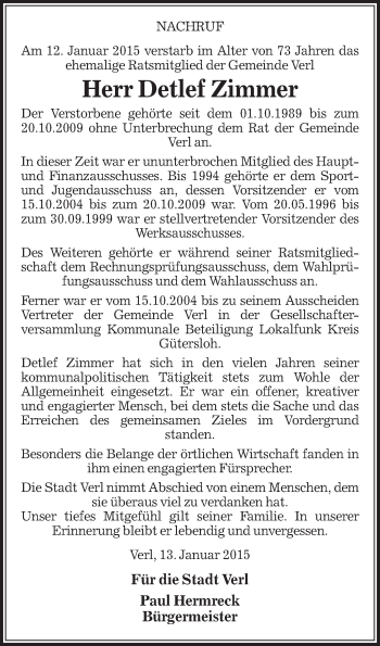 Traueranzeige von Detlef Zimmer von Die Glocke