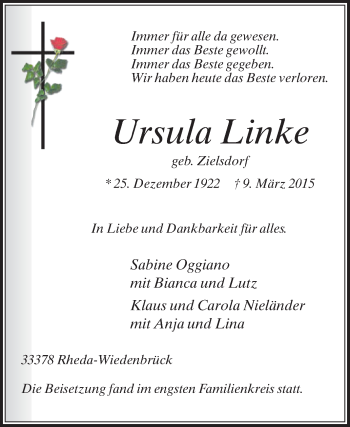 Traueranzeige von Ursula Linke von Die Glocke