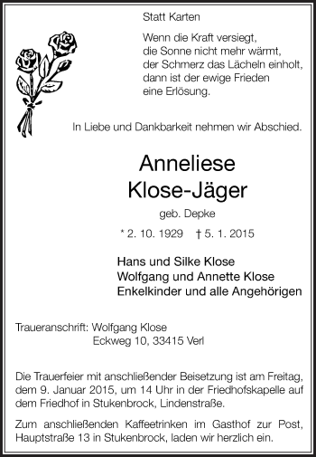 Traueranzeige von Anneliese Klose-Jäger von Die Glocke